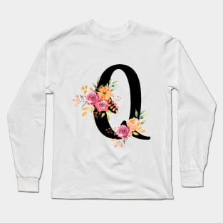 Letter Q With Watercolor Floral Wreath Long Sleeve T-Shirt